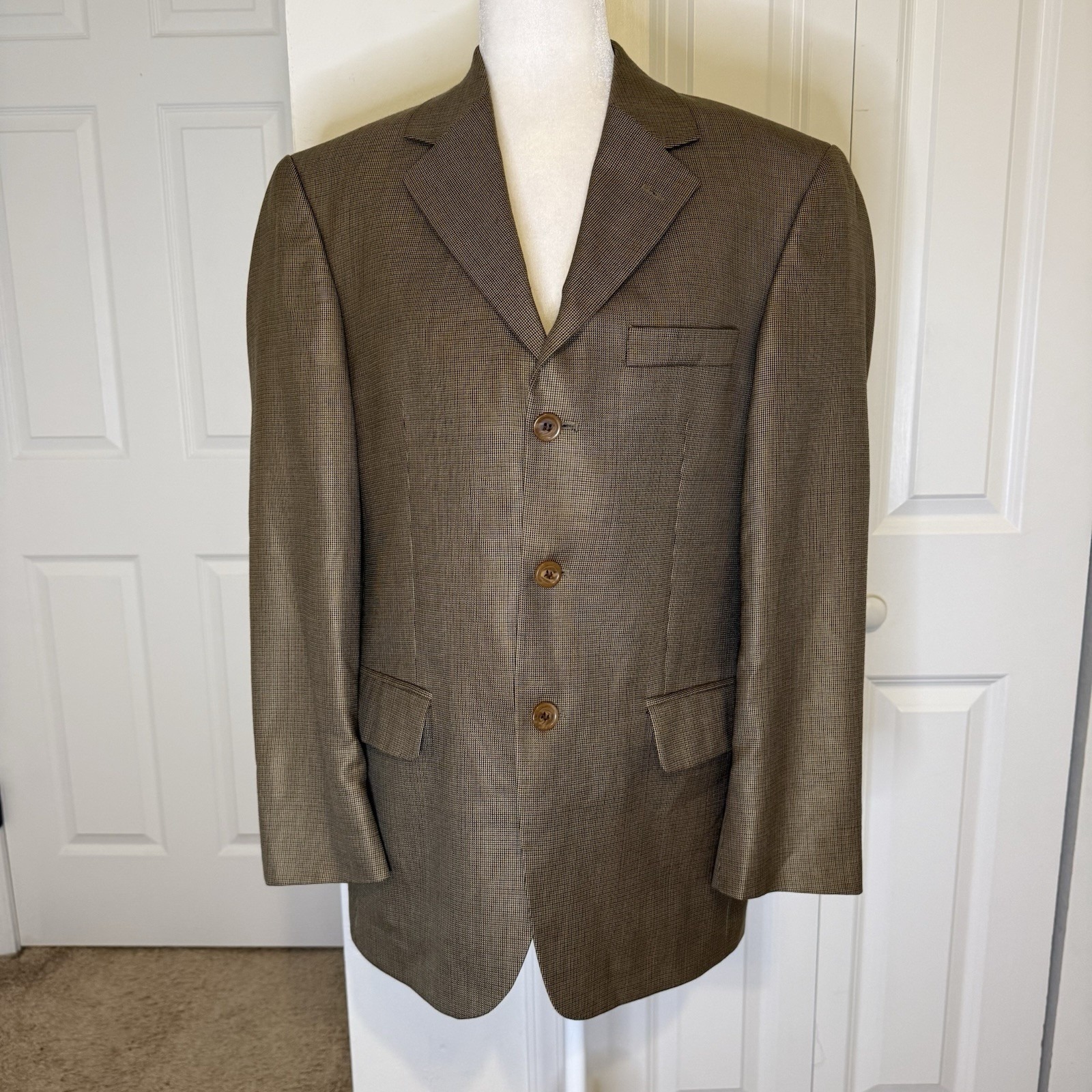 Andrew Fezza Blazer 38. S Tan Check Silk & Super100% Worsted Wool Sport Coat
